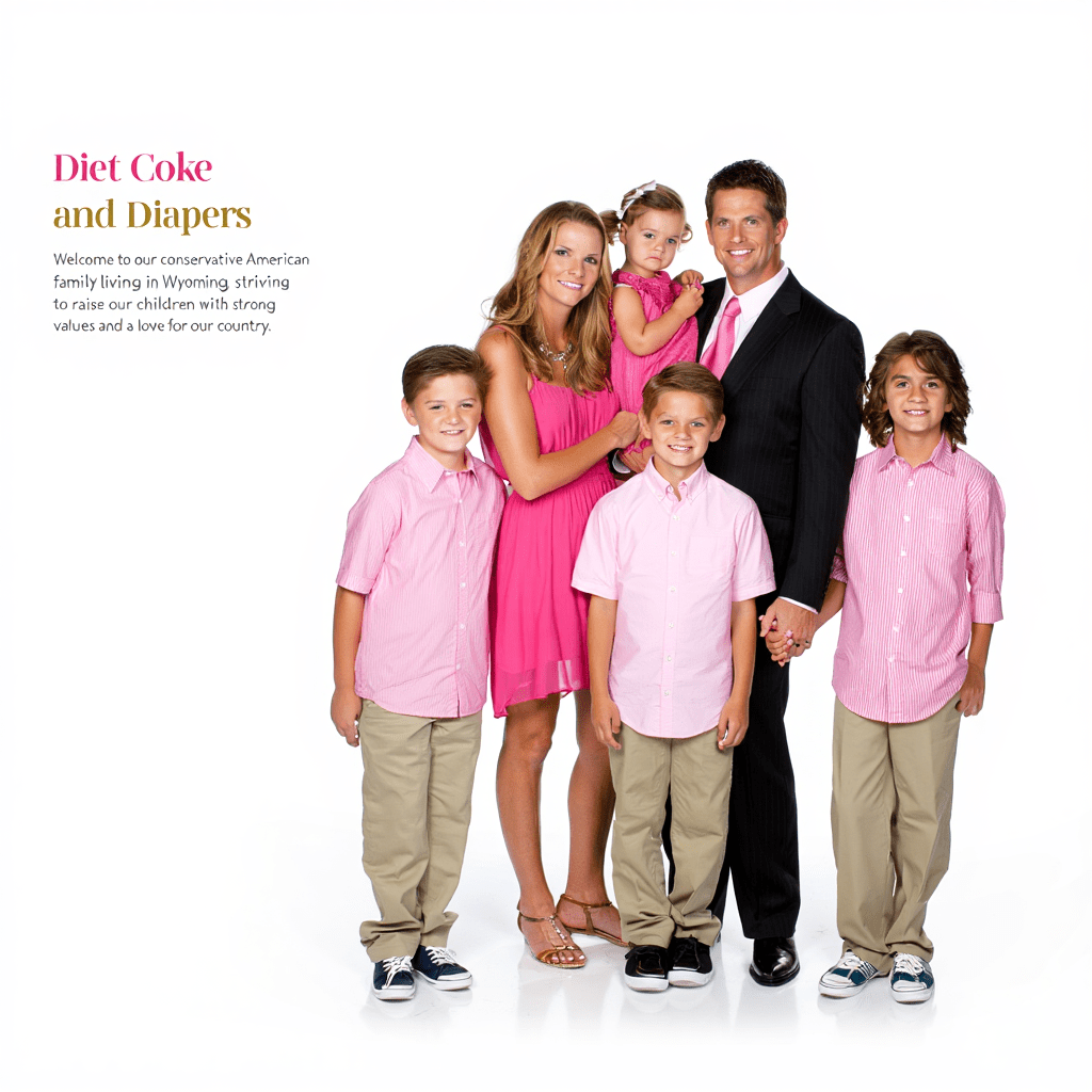 A conservative American family from Wyoming, featuring a mother and father with their four children, dressed in matching outfits, standing together in a studio setting.