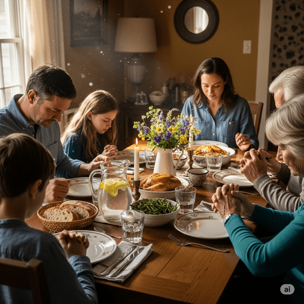 A family of five, including children and grandparents, is gathered around a dinner table covered with a meal. They are holding hands and bowing their heads in prayer, with a pitcher of water, bowls of food, and a vase of flowers visible on the table.