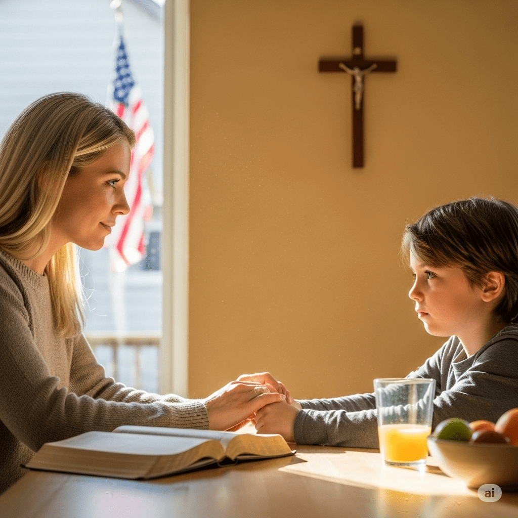A mother and her son holding hands in prayer at a table with a Bible, a glass of juice, and a bowl of fruit, with a cross in the background.