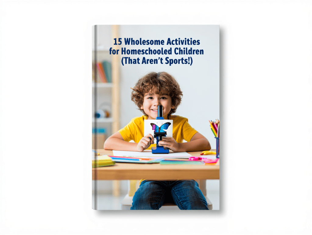 A smiling child holding a microscope and a butterfly photo, with a colorful workspace filled with art supplies and books, promoting educational activities for homeschooled children.