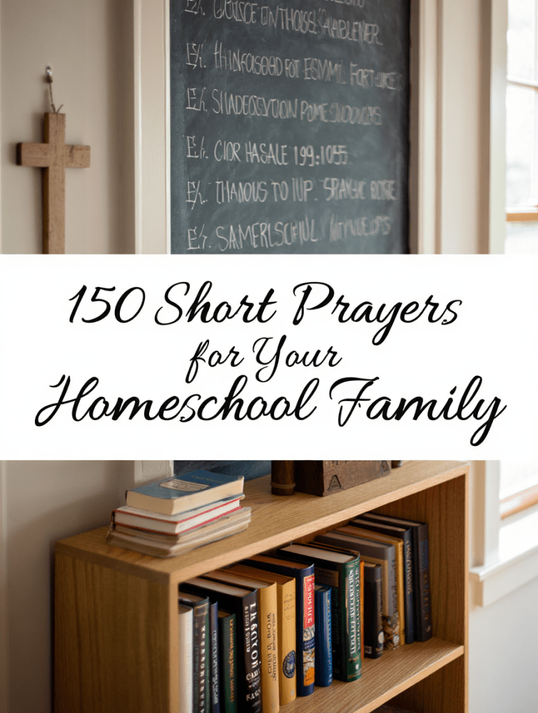 A Christian homeschool setting showing a wooden bookshelf holding leather-bound books and family devotionals, with text reading "150 Short Prayers for Your Homeschool Family" in elegant black script font centered above the bookshelf. A handwritten chalkboard displays verses from Psalm 119:105 on the wall behind the shelf. A simple wooden cross hangs to the left of the chalkboard, while natural light streams through a nearby window, casting a warm glow across the scene. Professional interior photography with soft natural lighting and shallow depth of field focusing on foreground text and objects.